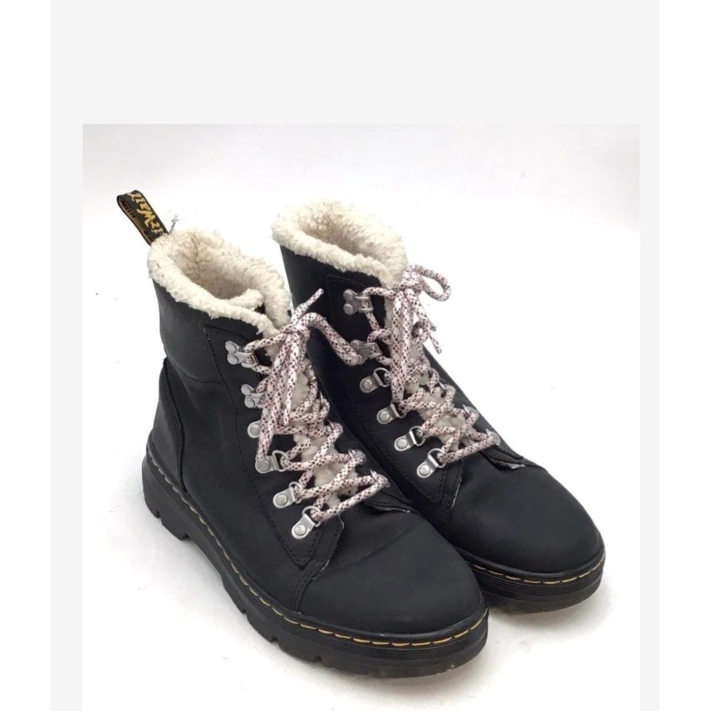 Dr. Martens Combs W Faux Fur Lined Black Combat Boots Women 9 Hiker Lug Sole